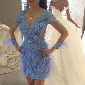 New Arrival Blue Lace Feather Short Cocktail Party Dresses With Illusion Long Sleeves Beaded V Neck Arabic Mini Prom Gowns 2019 Homecoming
