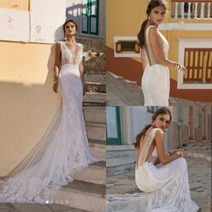 Lian Rokman Mermaid klänningar Sexig V Neck spetsar Appliqued Beach Boho Wedding Dress Bridal Glows Cheap Robe de Marie