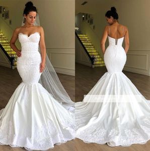 Elegant Spaghetti Straps Lace Mermaid Wedding Dresses 2019 Tulle Applique Sweep Train Plus Size Wedding Bridal Gowns With Lace Up BC1956
