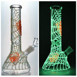 Raka rör Glow In The Dark Bong Spider Web Beaker Bongs 18mm Joint Oil Dab Riggar UV-glas Vattenrör Diffused Downstem Bowl