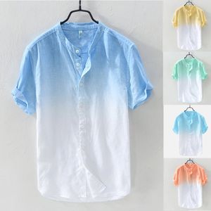 QNPQYX Fashion Gradient hawaiian men shirts Turn Down collar short sleeve top men Linen Shirts male top casual Breathable shirts