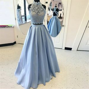 Kostenloser Versand Hellblau Zweiteilige Brautjungfernkleider für Frauen Neue elegante Spitze Hochzeitskleid Lange bodenlange Abschlussball-Partykleider