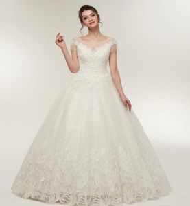 Abiti da sposa bianchi O Collo con applicazioni maniche corte A Line Bordo in tulle con pizzo Abiti da sposa lunghi per le donne Abiti da sposa DH4230