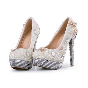 Sapatos de casamento de cristal Plus size Branco Pérola Brown Vestido Bombas Novo Design Luxuoso Strass Plataforma Prom Evento de Prom Heaves