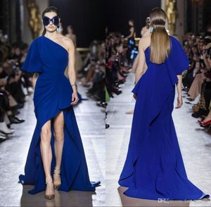 Ucuz Basit Elie Saab Kraliyet Mavi Bir Omuz Hi-Lo Gelinlik Pileleri 1/2 Kol Akşam Parti Elbise Resmi Giyim Vestido