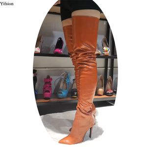 rontic 세련된 여자 무릎 부츠 위에 봄 얇은 하이힐 부츠 섹시한 뾰족한 발가락 커피 파티 신발 여성 미국 크기 5-15