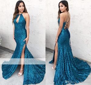 Sexy Ocean Blue Mermaid вечерние платья Halter Hee High Side Split Criss Cross Backblobed Scelly Prom Prom Prom Elegant Forment вечерние платья