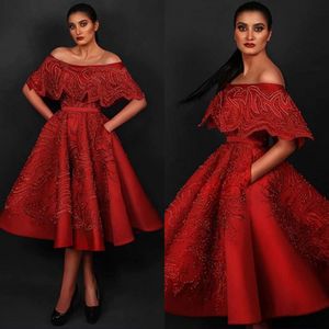 Arabskie Red Prom Dresses Pearls Zroszony linią Off The Ramię Sukienka Evening Custom Made Formal Cocktail Party Dress