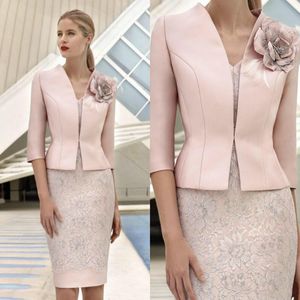 ジャケットレース付き花嫁のドレスのエレガントなピンクの母親のアプリケーションビーズウェディングゲストドレス膝の長さフォーマルマザー服pro273y