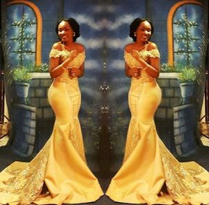 Sexy 2020 New African Yellow Mermaid Prom Dresses Off Shoulder Lace Appliques Crystal Beaded Bling Plus Size Arabic Party Evening Gowns Wear