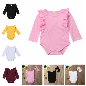 Baby Girls Clothes Kids Fly Sleeve Solid Rompers Ruffle Boutique Jumpsuits Headband Suits Fashion Casual Playsuit Kids Climbing Clothe D5261