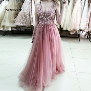 Dusty Pink Tulle Prom Dress V-Neck Back Plus Size Sexig Kvinnor Crystal Evening Gowns Party Dresses Robe Femme