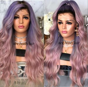 Wholesale black roots pink wig for sale - Group buy New fashion celebrity Style Wigs Synthetic black roots purple ombre pink Lace Front Wig heat resistant hair for women