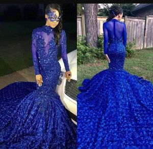 Luxury Long Tail Royal Blue 2019 Black Girls Mermaid Prom Dresses High Neck Long Sleeves Beaded Handmade Flowers Evening Party Gowns