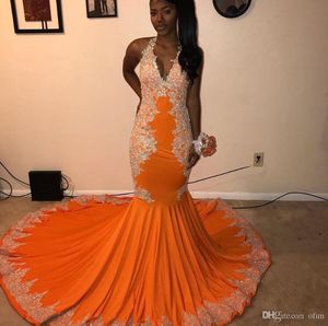New Arrival Orange Long Mermaid Prom Dresses With Silver Lace Applique Beads Halter Neck Black Girls Formal Dress Party Dress ogstuff