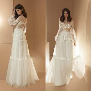 Abiti lunghi con maniche bohémien Vestido De Noiva Una linea di tulle con applicazioni di pizzo Boho Beach Abito da sposa Abiti da sposa ppliqued