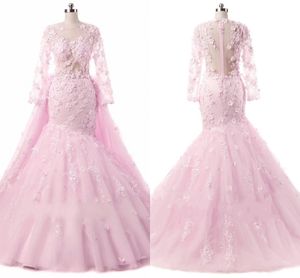 ピンクの3D花の花の真珠のマーメイドのウェディングドレスは取り外し可能な電車の大きな弓レース長袖の結婚式のガウンブライダルパーティードレス