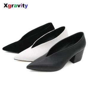 Xgravity весна осень европейские американские сексуальные заостренные носки одежда обувь глубокий v дизайн женщина обувь коренастый леди клиньи обувь C262