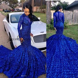 African Blue Prom Dresses 2019 Handmade Flower Mermaid Party Gowns Long Sweep Train Dubai abito da sera Abiti da Fiesta