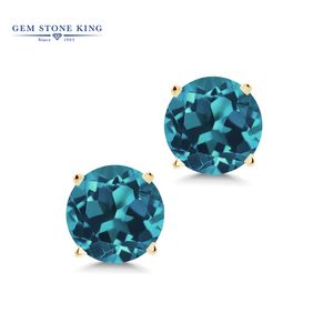 Gemstinging Gerçek 14K Sarı Altın Küpeler Güzel Mücevher 5mm Yuvarlak Doğal Londra Mavi Topaz 4-PREGG Sudg Küpe Kadınlar için