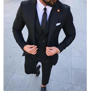 High Quality One Button Black Groom Tuxedos Peak Lapel Men Suits 3 pieces Wedding/Prom/Dinner Blazer (Jacket+Pants+Vest+Tie) W602