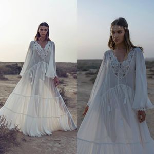 Dadush primavera asaf vestidos de verão manga longa com decote em v renda chiffon boho vestidos de noiva uma linha vestido de casamento boêmio