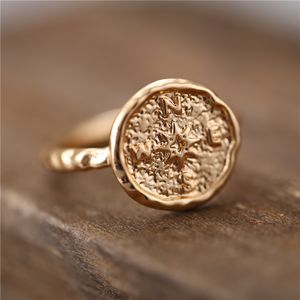 Vintage Big Gold Color Round Compass Rings for Women Ring Bohemian Geometric Carved Coin Finger Female Jewelry