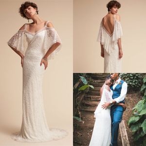 Vestidos de Noiva da Sereia BHLDN Off The Shoulder Lace Apliques Trem de Varredura Plus Size Vestido de Noiva Meia Manga Longa Vestidos de Noiva