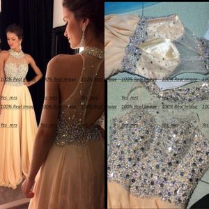 2020 Arabia Prom Dresses Wysokiej szyi Crystal Major Frezowanie Illusion Chiffon Peach Sheer Open Back Długi Party Dress Formalne Suknie Wieczorowe Nosić