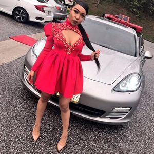 Red Keyhole Neck Short Prom Dresses Long Sleeves Appliques Beaded Evening Gowns 2k19 African Style Cocktail Party Dress Cheap