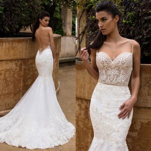 Classy Mermaid Lace Backless Wedding Dresses Spaghetti Straps Trumpet Bridal Gowns Sweep Train Tulle Custom Made robes de mariée