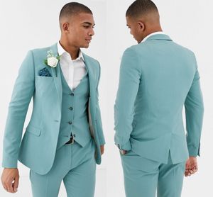 Mint Green Mens Suits Slim Fit 3 Pieces Beach Groomsmen Wedding Tuxedos For Men Peaked Lapel Formal Prom Suit (Jacket+Pants+Vest)