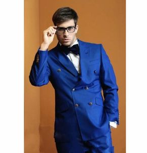 Bonito Do Noivo Azul Royal Smoking Tuxedos Double-Breasted Groomsmen Casamento Smoking Homens Populares Formal Prom Jaqueta Blazer Terno (Jacket + Pants + Tie) 710