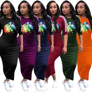 Women Printed Dresses Summer Short Sleeve Long Beach Dresses Bodycon One-piece Skirt Rainbow Lip Designer Dress Club Clothing Hot style Sale