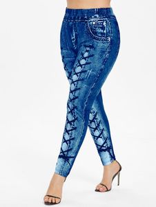 kenancy Women Plus Size 3D Printed Leggings High Elastic Waisted Workout Bandage Pocket Leggins Skinny Casual Female Jeans