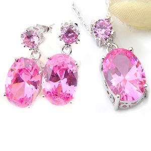 LuckyShine Gorgeous Jewelry Oval Pink Kunzite Gemstone Silver Woman's Zircon Dangle Stud Earrings Pendants Jewelry Sets