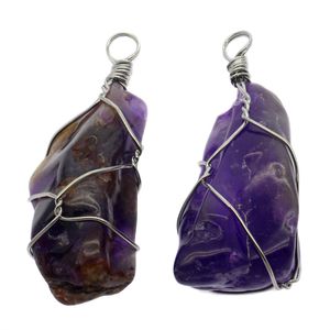 Mode Creative Natural Gem Smycken Oregelbunden Amethyst Twisted Wire Pendant Wholesale