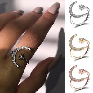 White Glod Filled Sterling Silver Plated Moon and Star Natural Gemstones Ring Romantic Diamond Adjustable Ring Jewelry