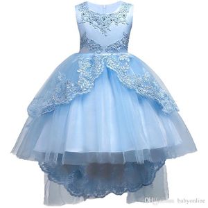 Pretty Lace Blue Puffy Flower Girl Dresses High Low Lace Appliques Communion Dresses Pageant Klänningar för små tjejer