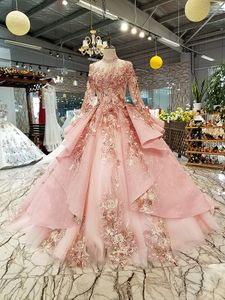 Rosa especial dubai inchado vestidos de festa Quinceanera Vestidos de gola alta manga longa de tule com renda nas costas vestidos de noite podem fazer para m253Y