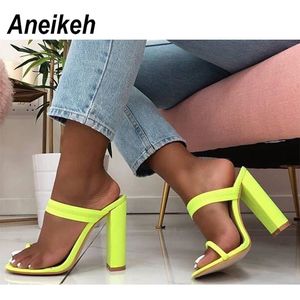 Aneikeh 2019 Neue Sommer Sandalen Hausschuhe Dünne High Heels Sandalen Flip Flop Schnalle Hohl Frauen Schuhe Sexy Hausschuhe Pumps Grün