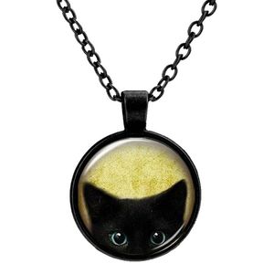Customized Vintage Glass Cats Charms Necklace Silver Antique Bronze Matt Black Magic Time Gem Pendant Sweater Necklace Gift Jewelry