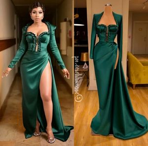 Plus Size verde Prom Dresses Sexy Coxa alta Dividir manga comprida Vestidos Lace apliques cetim desfile de moda vestidos Ogstuff