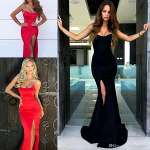Mermaid Sexy Cheap Evening Strapless Formal Long Arabic Prom Dresses Tight Slit Sweetheart Sweep Train Stretch Satin Party Gowns