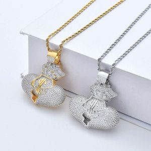 Fashion-money bag diamonds pendant necklaces for men women luxury designer dollar pendants 18k gold plated copper zircons necklace gifts