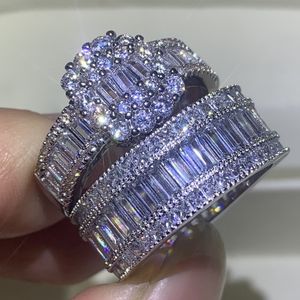 New Arrival Unikalna Luksusowa Biżuteria Handmade 925 Srebro Srebro Pełna Księżniczka Cut White Topaz CZ Diamond Eternity Kobiety Wedding Band Ring Set