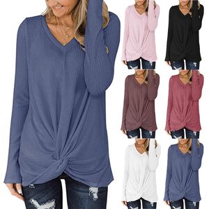 Spot 2021 European spring and summer solid color V-neck long sleeve waffle twisted T-shirt shirt sweater support mixed batch