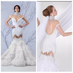 High Neck Sheer Short Sleeves Mermaid Wedding Dresses Crystal Beaded 2019 Sexy Open Back Formal Bridal Gowns Luxurious Vestidos De Marriage