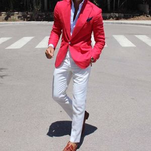 Brilhante Vermelho Noivo Smoking Pico Lapela Men Wedding Tuxedo Moda Men Jaqueta Blazer Men Prom Jantar / Darty Suit (Jacket + Pants + Tie) 1582