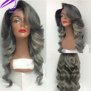 Perucas sintéticas de moda corporal de onda frontal para mulheres ombre cinza 13x4 perucas de renda arrancada com lateral bate cabelo brasileiro